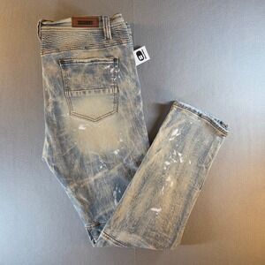NEW Preme Monaco Regular Moto Jeans 40x32 Light Wash Paint Splatter‎ Biker Denim